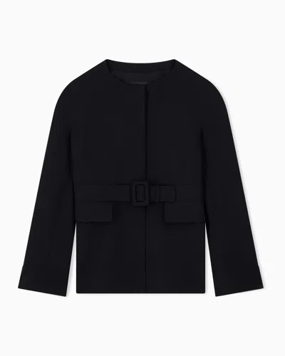 Emporio Armani Belted Blazer In Stretch Virgin Wool With A Round Neckline In Black