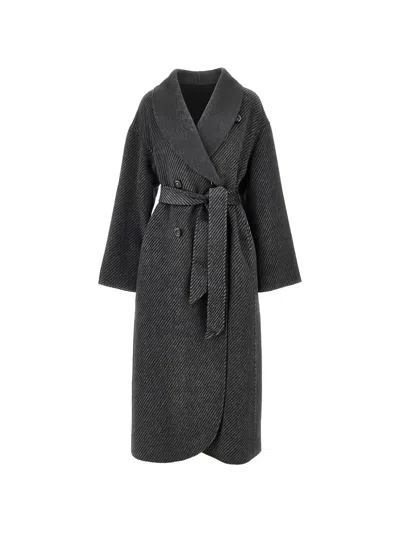 Emporio Armani Belted Double-breasted Coat In Gray