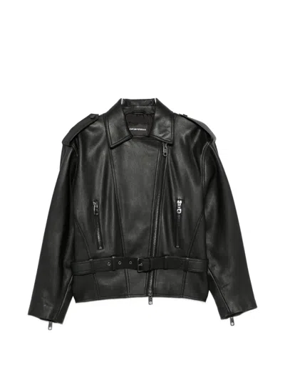 Emporio Armani Goat Skin Cropped Jacket Belted Waist In Black