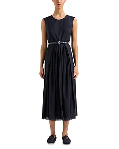 Emporio Armani Belted Pleated Sleeveless Midi Dress In Solid Dark