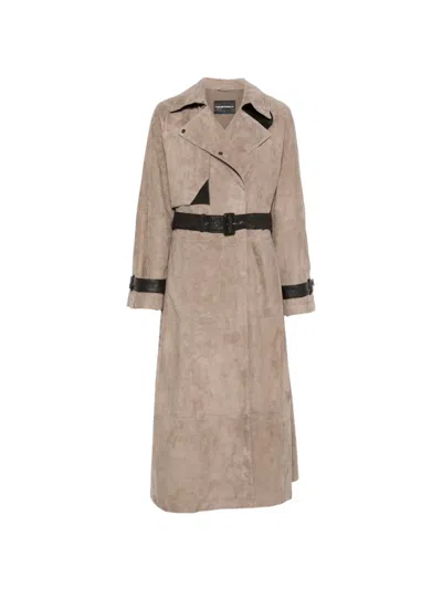 Emporio Armani Goat Leather Trench Coat Belted Design In Brown