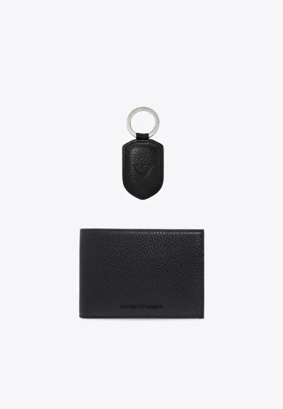 Emporio Armani Bi-fold Leather Wallet And Keyring Set In Black