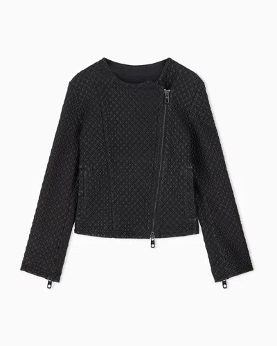 Emporio Armani Biker Jacket In Nappa Leather With Diamond Embroidery In Black