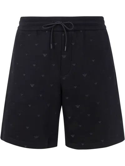 EMPORIO ARMANI BLACK ALLOVER LOGO COTTON SHORTS