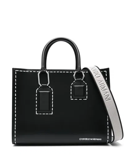 Emporio Armani Black And White Faux Leather Tote With Trompe L'oeil Stitching Print For Women