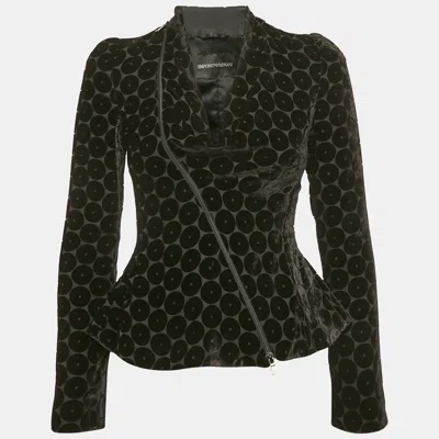 Pre-owned Emporio Armani Black Circle Ciselé Velvet Zip Front Top Xs