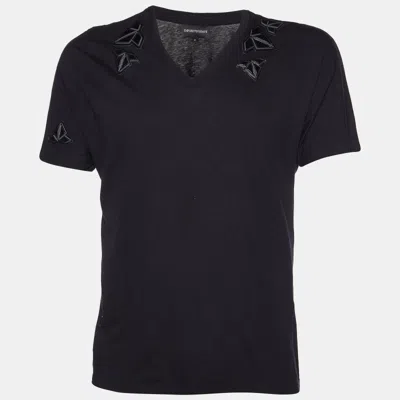 Pre-owned Emporio Armani Black Cotton Patch Detail V-neck T-shirt M