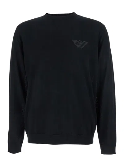 EMPORIO ARMANI BLACK CREWNECK SWEATER WITH LOGO EMBROIDERY ON THE FRONT IN WOOL MAN