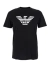 Emporio Armani Black Crewneck T-shirt With Logo Embroidery On The Front In Blue