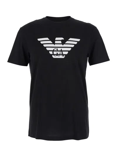 Emporio Armani Blue Crewneck T-shirt With Logo Embroidery On The Front