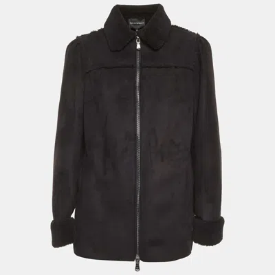 Emporio Armani Black Fleece Suede Zip Up Jacket In Multi