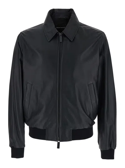 Emporio Armani Black Jacket With Classic Collar And Ribbed Trims In Leather Man