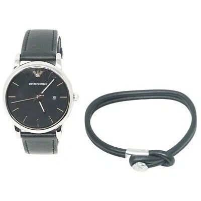 Pre-owned Emporio Armani Black Leather Strap Watch In Silver