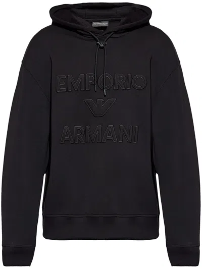 EMPORIO ARMANI BLACK LOGO PRINT HOODIE