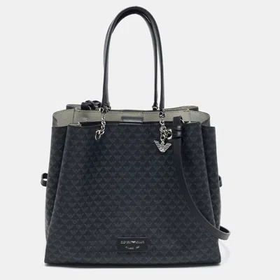 Pre-owned Emporio Armani Black Monogram Faux Leather Annie Tote