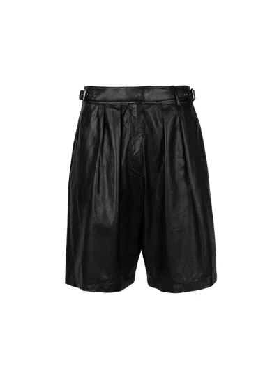 Emporio Armani Pleat-detail Leather Shorts In Black