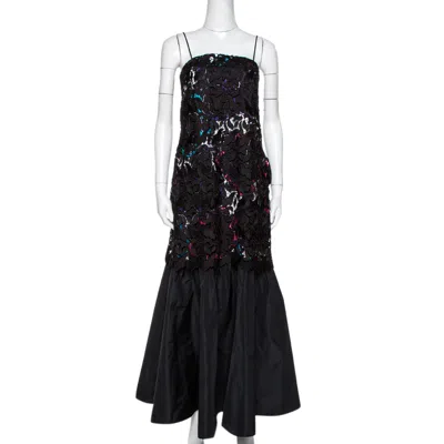 Emporio Armani Black Printed Satin & Lace Overlay Maxi Dress