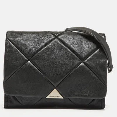 Pre-owned Emporio Armani Black Quilted Faux Leather Noelle Flap Shoulder Bag