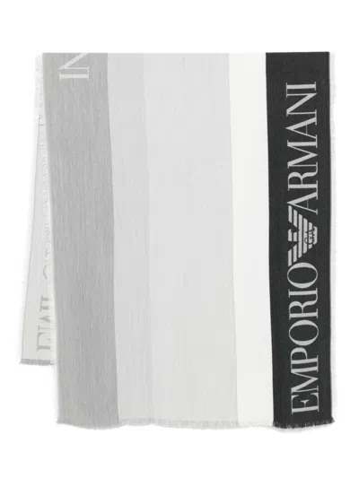 Emporio Armani Black Striped Logo Scarf In White