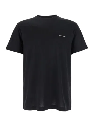 Emporio Armani Black T-shirt With Logo Lettering On The Front In Cotton And Lyocell Blend Man In Blue