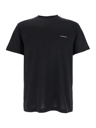 EMPORIO ARMANI BLACK T-SHIRT WITH LOGO LETTERING ON THE FRONT IN COTTON AND LYOCELL BLEND MAN