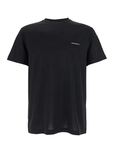 Emporio Armani Black T-shirt With Logo Lettering On The Front In Cotton And Lyocell Blend Man In Blue