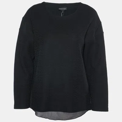 Pre-owned Emporio Armani Black Textured Cotton Blend Split Back Detail Top M
