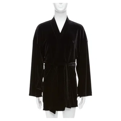 Pre-owned Emporio Armani Black Velvet Ga Embroidered Logo Belted Robe Jacket M