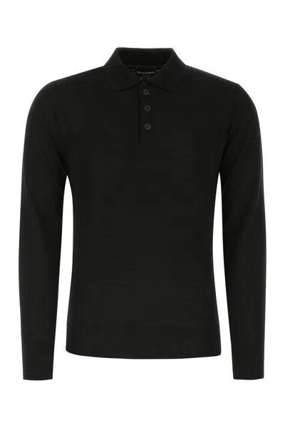 Emporio Armani Stretch Cotton Ls Polo Shirt In Black