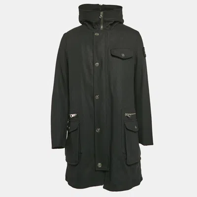 Pre-owned Emporio Armani Black Wool Zip-up Hooded Long Coat M