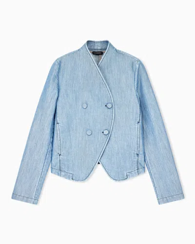 Emporio Armani Blazer Croisé En Denim Effet Métal À Boutons Recouverts In Blue