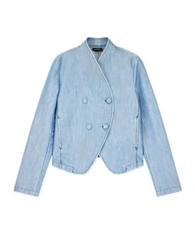 Emporio Armani Blazer In Metal-look Denim With Double-breasted Wrap Front In Blue