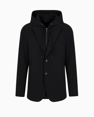Emporio Armani Blazer With Dickey And Hood, Made Of Canneté Fabric In Black