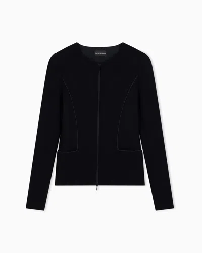 Emporio Armani Slim Fit Ottoman Jersey Blazer With Round Neck And Front Zip In Black