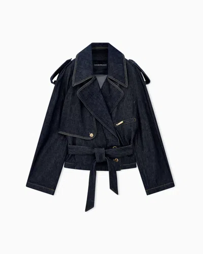 Emporio Armani Blouson En Denim Avec Épaulettes Et Ceinture À Nouer In Bleu