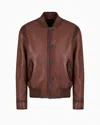 Emporio Armani Regular Fit Button Front Leather Bomber Jacket In Brown