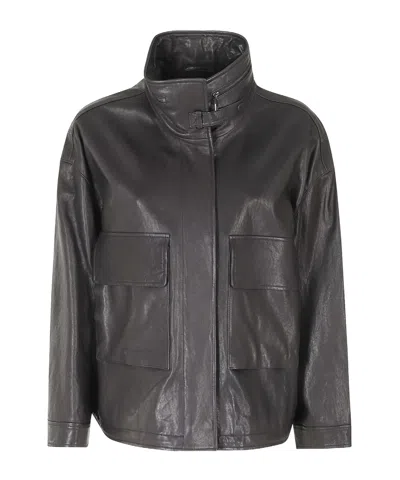 Emporio Armani Leather Blouson Jacket Front Pocket Design In Gray