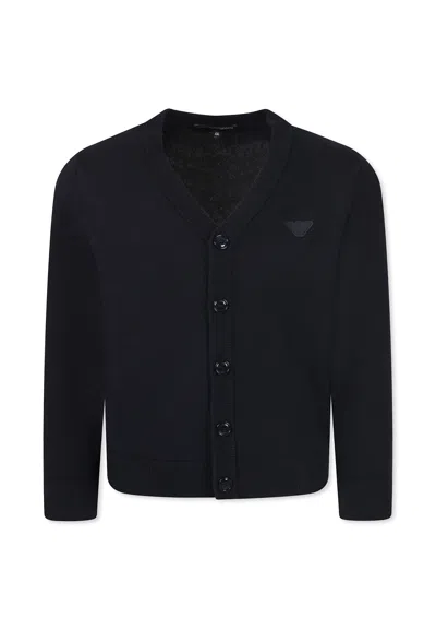 Emporio Armani Kids' Blue Cardigan For Boy With Logo In Black