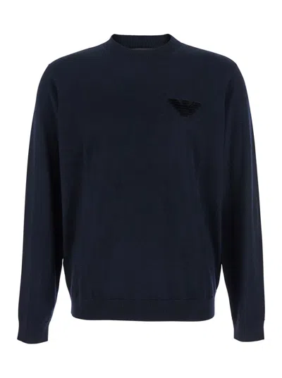 Emporio Armani Black Crewneck Sweater With Logo Embroidery On The Front In Wool Man