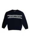 Emporio Armani Blue Crewneck Sweater With Maxi Logo Lettering On The Front And Ribbed Trims In Wool Blend Boy In Black