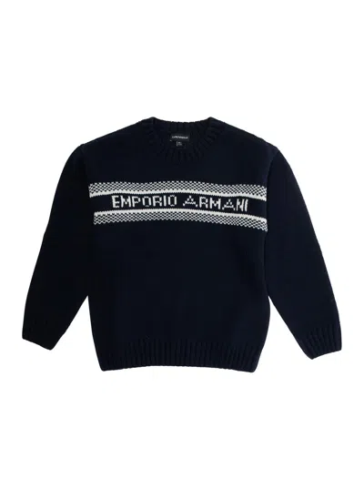 Emporio Armani Kids' Blue Crewneck Sweater With Maxi Logo Lettering On The Front And Ribbed Trims In Wool Blend Boy In Black