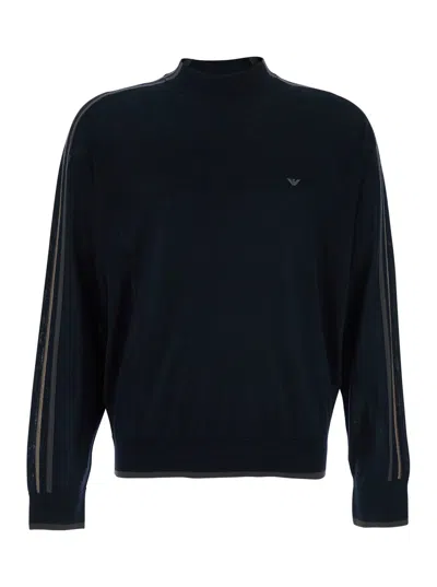 Emporio Armani Blue Crewneck Sweater With Stripe Detail On The Sleeve In Wool Man
