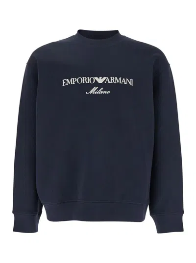 Emporio Armani Blue Crewneck Sweatshirt With Maxi Logo Lettering On The Front In Cotton Blend Stretch Man In Black