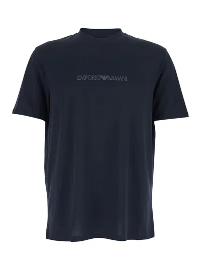 Emporio Armani Blue Crewneck T-shirt With Logo Embroidery On The Front In Cotton Man