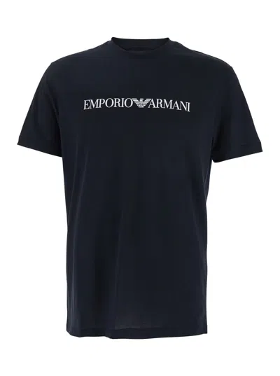 Emporio Armani Blue Crewneck T-shirt With Logo Lettering On The Front In Cotton Man