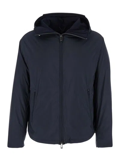 EMPORIO ARMANI BLUE DOWN JACKET WITH HOOD AND FRONT ZIP CLOSURE IN TECH FABRIC MAN