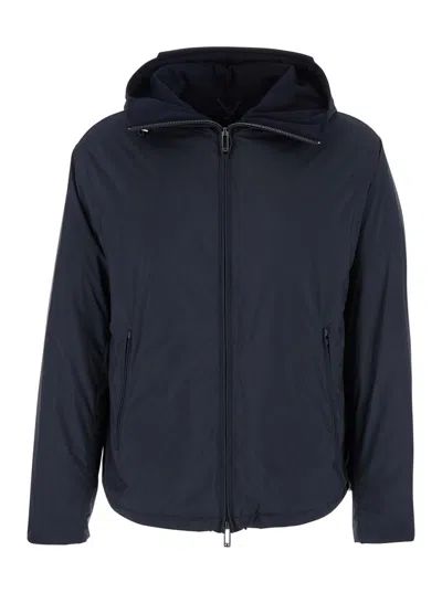 Emporio Armani Blue Down Jacket With Hood And Front Zip Closure In Tech Fabric Man In Black