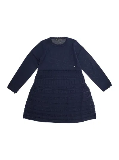 Emporio Armani Kids' Blue Dress With Round Neck And Logo Embroidery On The Front In Wool Blend Girl