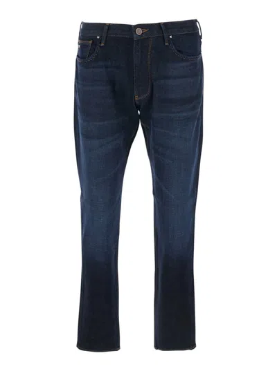 EMPORIO ARMANI BLUE FIVE POCKET JEANS WITH LOGO PATCH ON THE BACK IN DENIM MAN