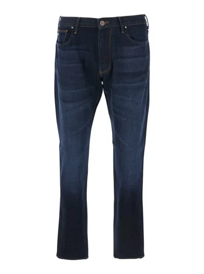 EMPORIO ARMANI BLUE FIVE POCKET JEANS WITH LOGO PATCH ON THE BACK IN DENIM MAN